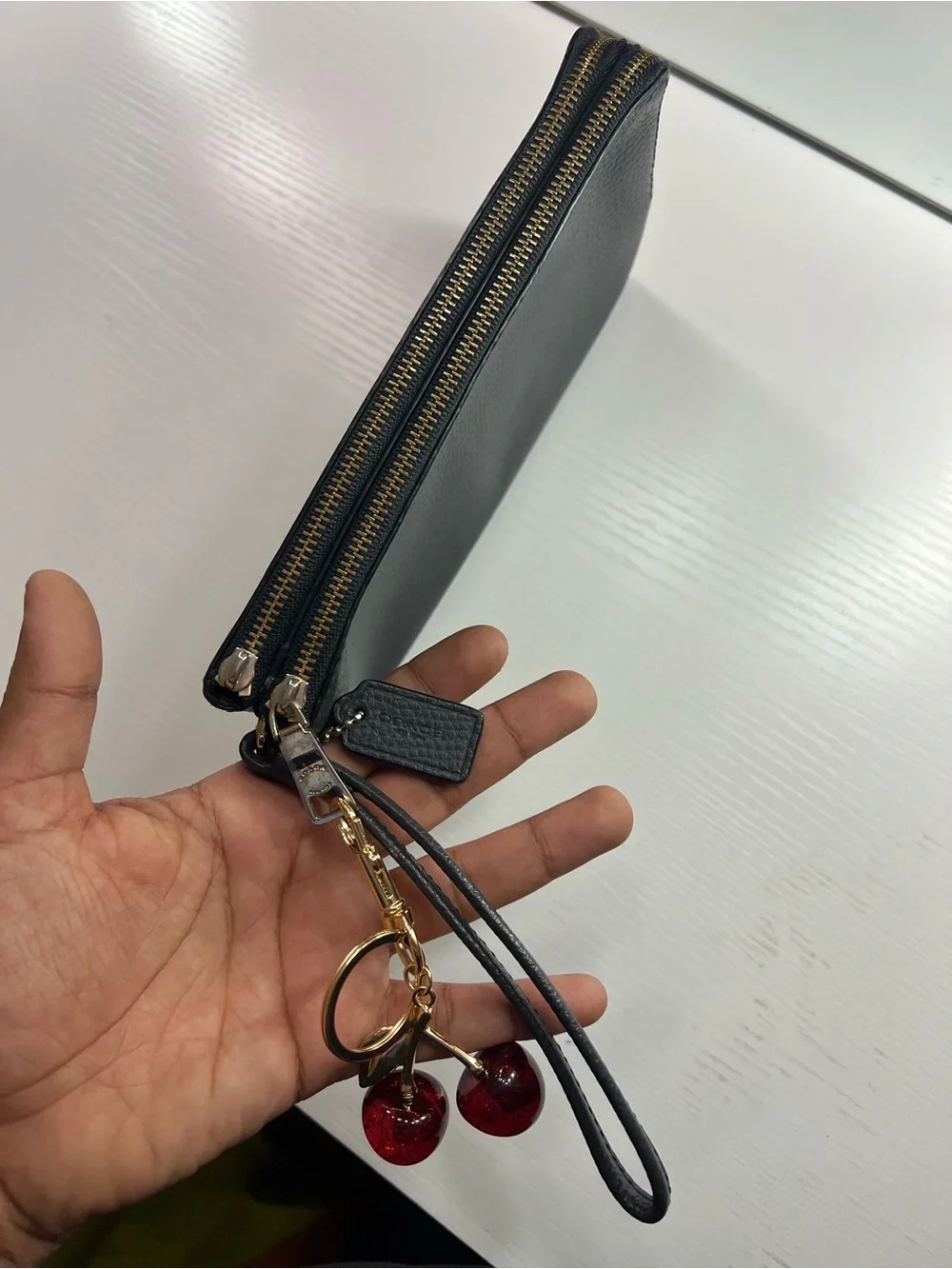 Coach Black Leather Wristlet Wallet with Cherry Charm